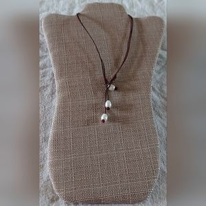 Handmade White Pearl & Brown Leather 2-Way Necklace